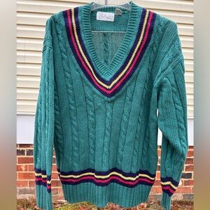 Stylish Teal V-Neck Sweater with Stripes